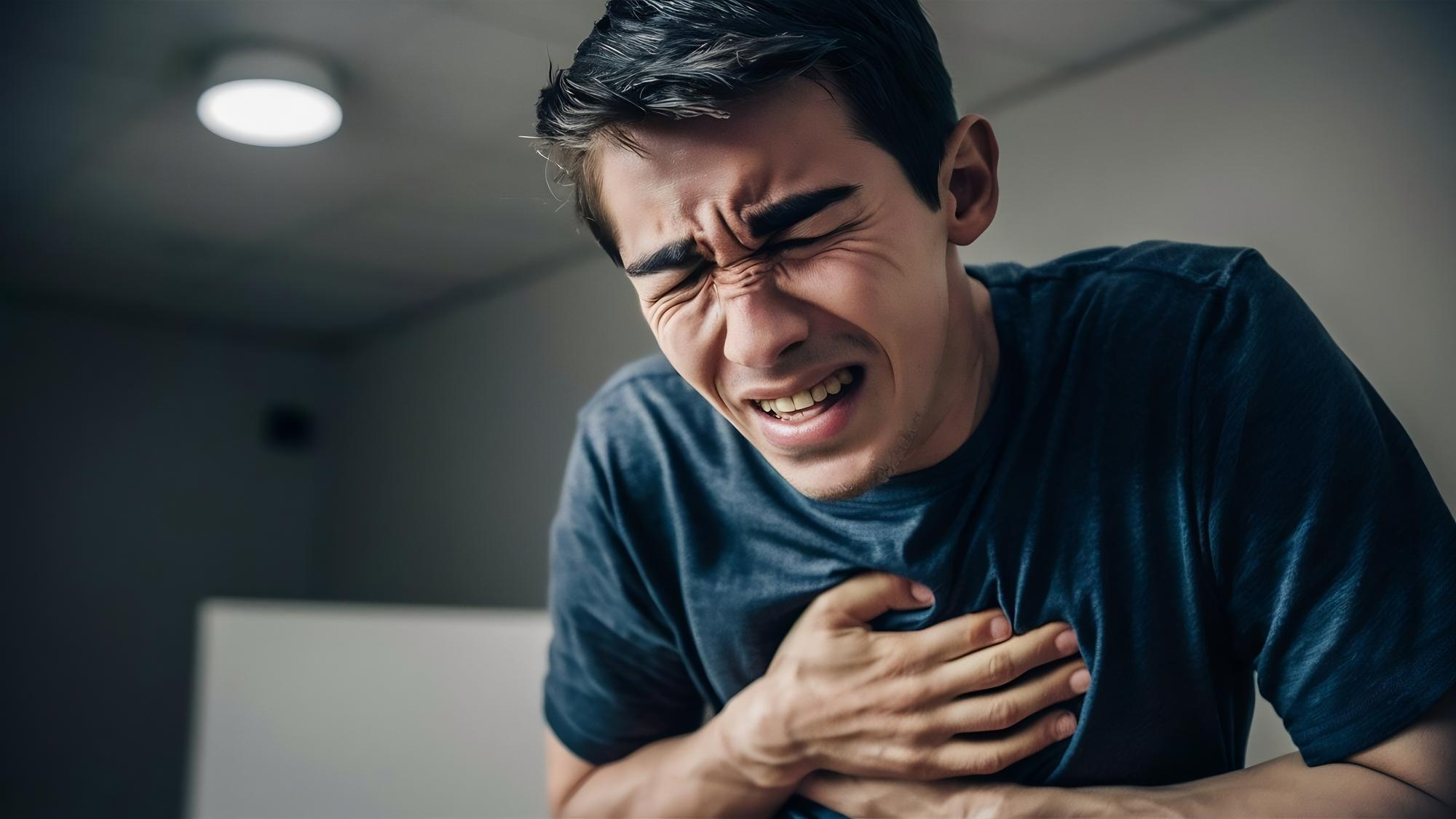 a man is holding his chest in pain