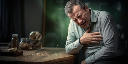 A man with chest pain sitting at a table, holding his chest in discomfort.